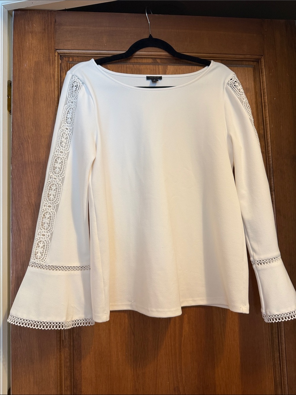 Ann Taylor White Long-Sleeve Boatneck Top with Crochet Lace Trim